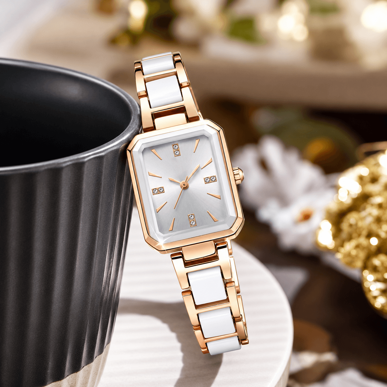 Rectangular Rose Gold Bracelet Watch for Women
