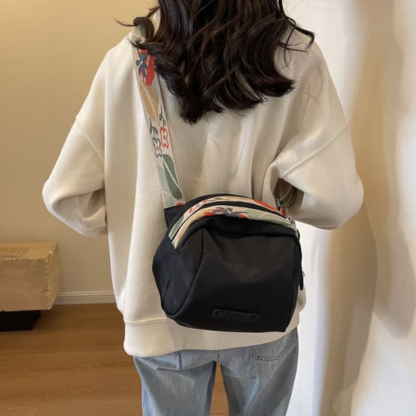 Oxford Crossbody Bag with Floral Strap, Black, worn across the body